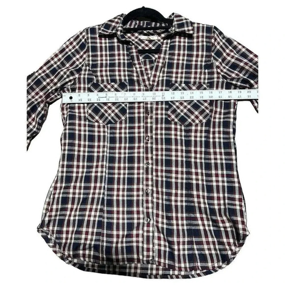 Skies Are Blue Women's V-Neck Maroon Navy Plaid Shirt Roll Tab Sleeve Size M - Picture 7 of 11